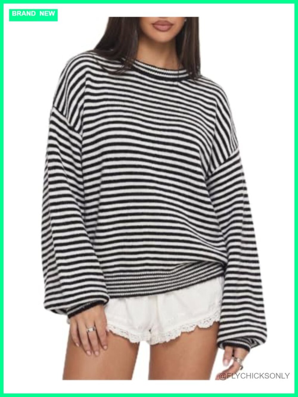 Oversized Striped Crewneck Pullover Sweater with Balloon Sleeves